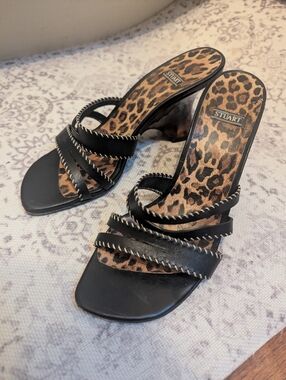 VINTAGE Stuart Weitzman Leopard Print & Black Strappy Heeled Sandals